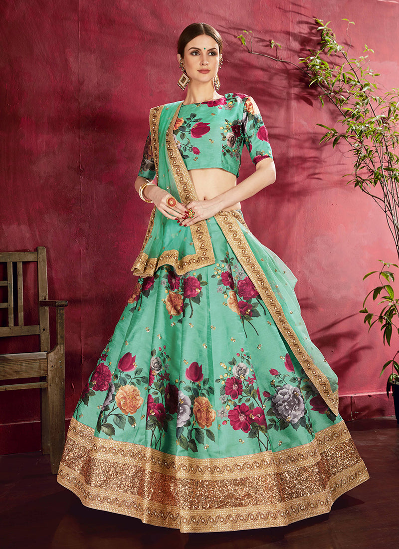 Teal Green Sequins Embroidery Floral Lehenga Choli