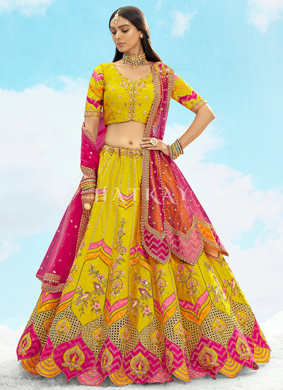 Yellow And Pink Embroidered Bridal Lehenga Choli