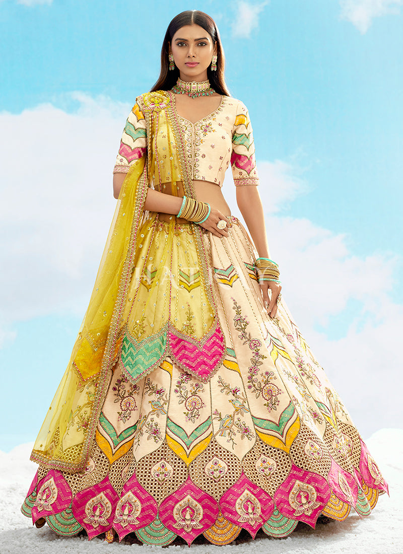 Pastel Yellow Multicolored Embroidered Bridal Lehenga Choli