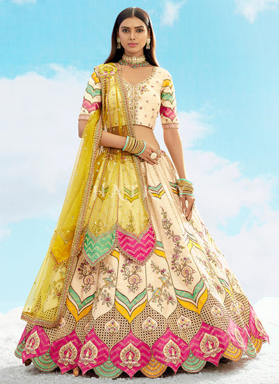 Pastel Yellow Multicolored Embroidered Bridal Lehenga Choli