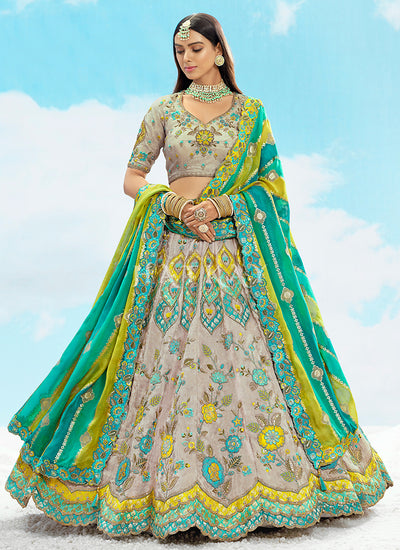 Grey And Green Embroidered Bridal Lehenga Choli