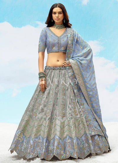 Blue And Grey Embroidered Bridal Lehenga Choli