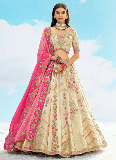 Ivory And Pink Embroidered Bridal Lehenga Choli