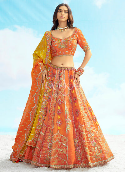 Orange And Yellow Embroidered Bridal Lehenga Choli