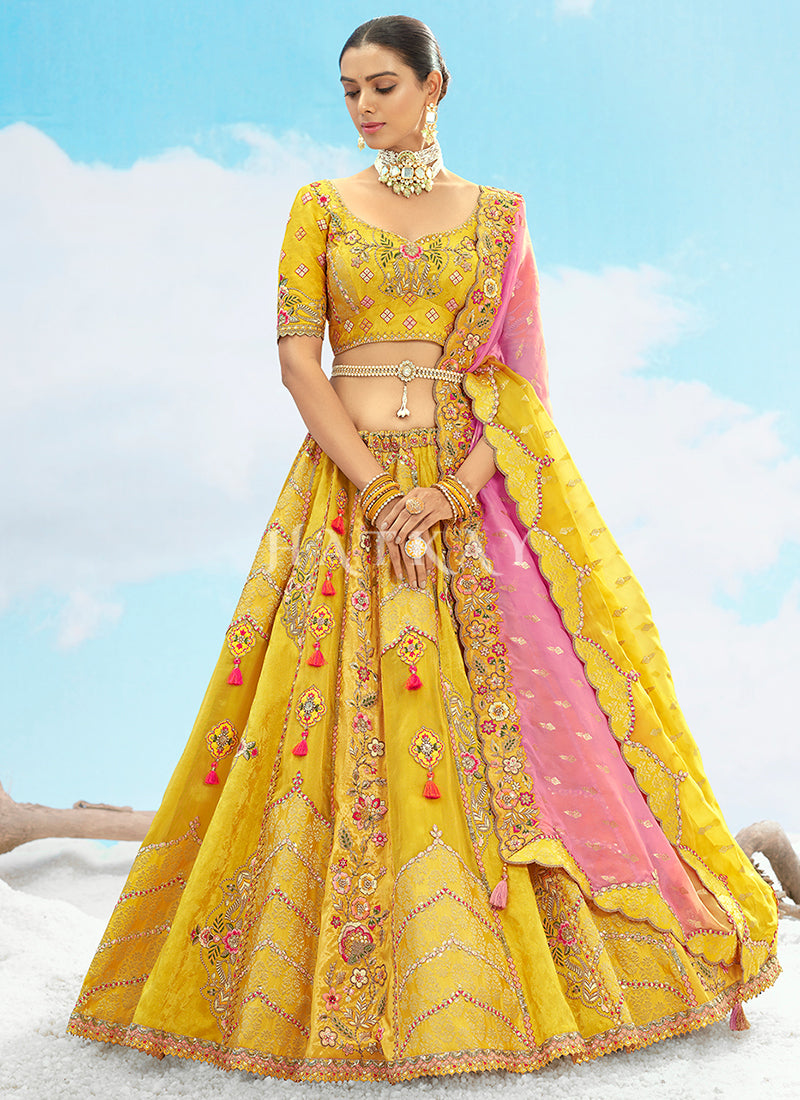 Yellow And Pink Embroidered Bridal Lehenga Choli