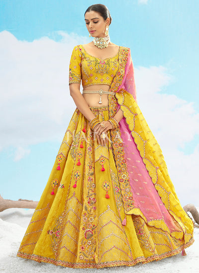 Yellow And Pink Embroidered Bridal Lehenga Choli