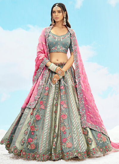 Grey And Pink Embroidered Bridal Lehenga Choli