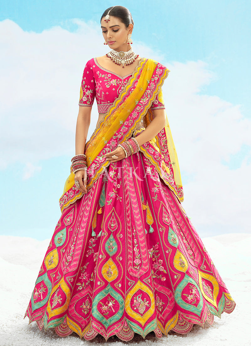 Pink And Yellow Embroidered Bridal Lehenga Choli