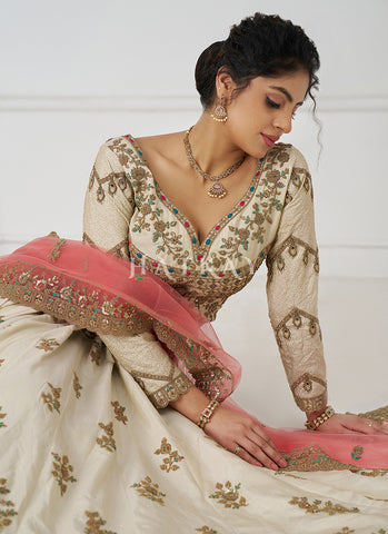 Off White Traditional Embroidery Bridal Lehenga Choli