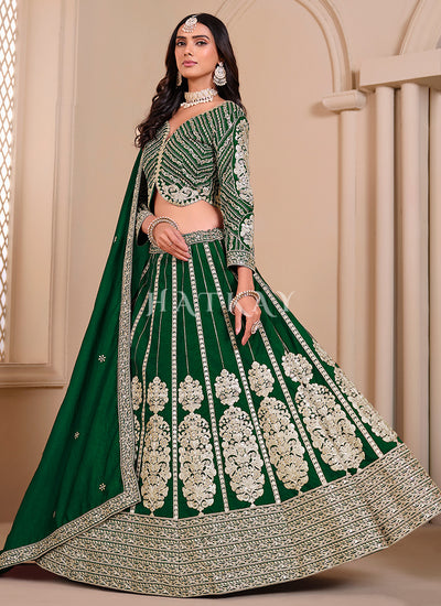 Dark Green Embroidered Silk Lehenga Choli