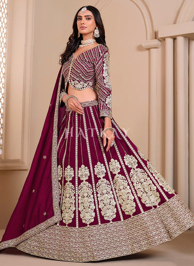 Maroon Embroidered Silk Lehenga Choli