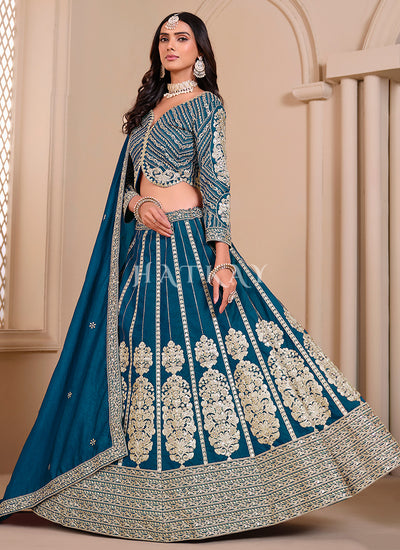 Turquoise Embroidered Silk Lehenga Choli