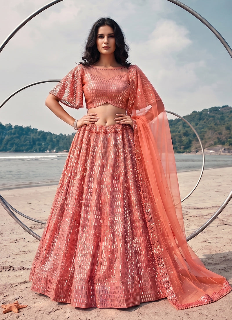 Peach Sequins Embroidered Net Lehenga Choli