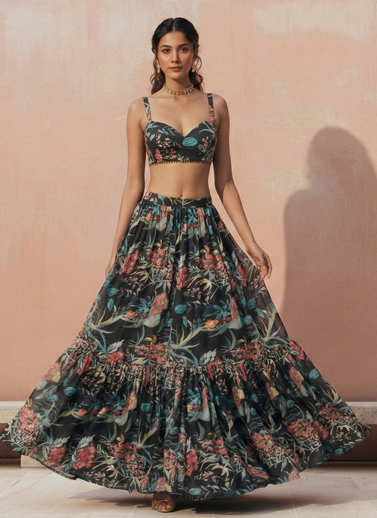 Black Digital Printed Partywear Lehenga Choli