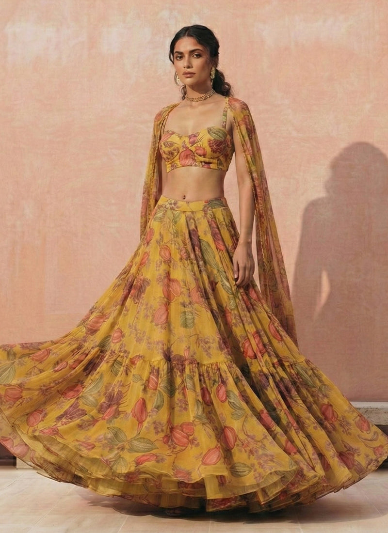 Mustard Yellow Digital Printed Partywear Lehenga Choli
