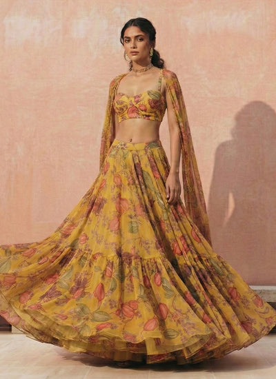 Mustard Yellow Digital Printed Partywear Lehenga Choli