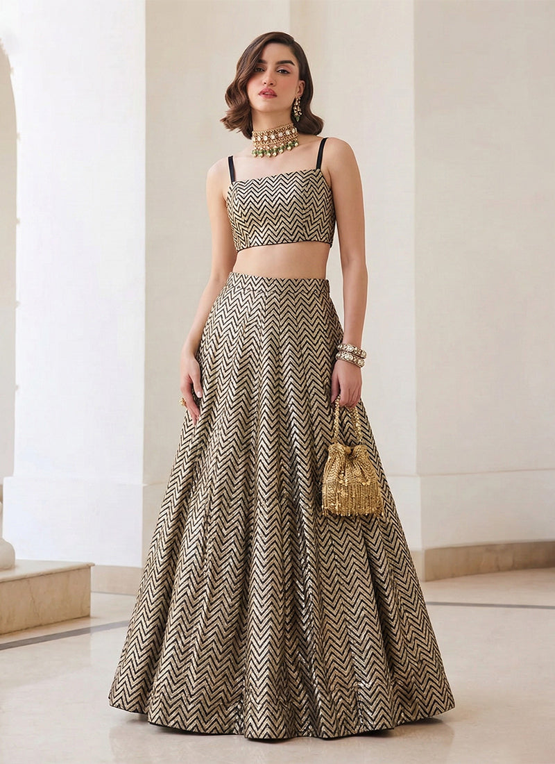 Black Golden Embroidered Jacquard Silk Lehenga