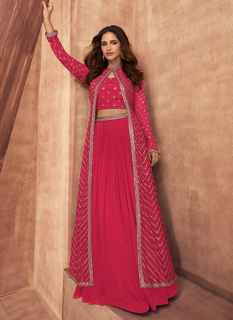 Rani Pink Sequence Embroidered Lehenga Choli With Jacket