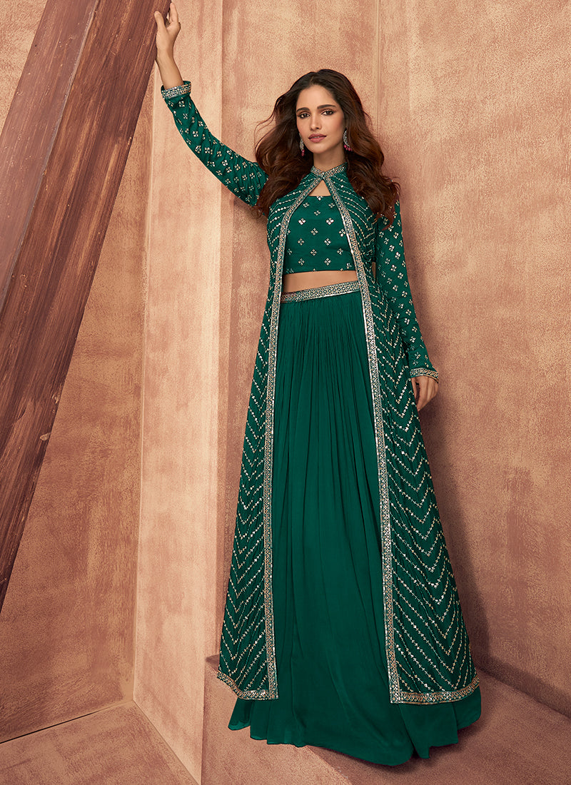 Green Sequence Embroidered Lehenga Choli With Jacket