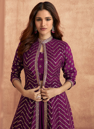Wine Sequence Embroidered Lehenga Choli With Jacket