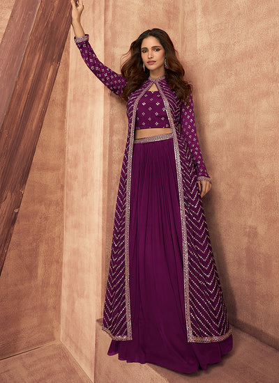 Wine Sequence Embroidered Lehenga Choli With Jacket