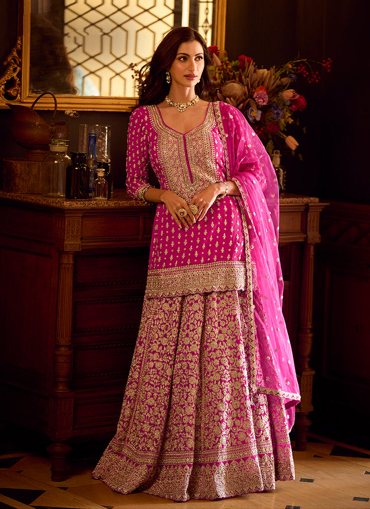 Pink Embroidered Georgette Lehenga Kurti Set