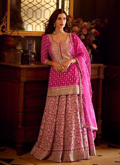 Pink Embroidered Georgette Lehenga Kurti Set