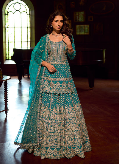 Teal Green Embroidered Georgette Lehenga Kurti Set