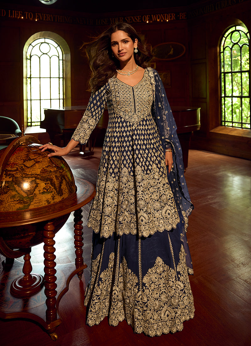 Navy Blue Embroidered Georgette Lehenga Kurti Set