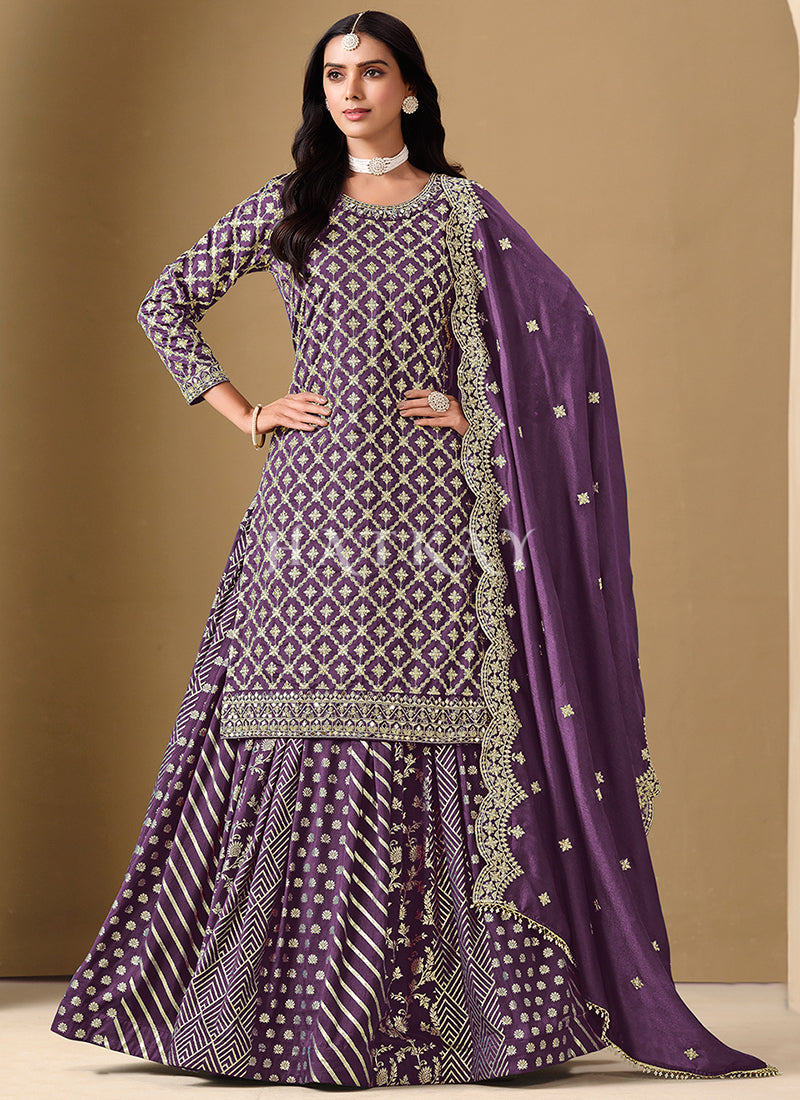 Purple Embroidered Silk Lehenga Kurti