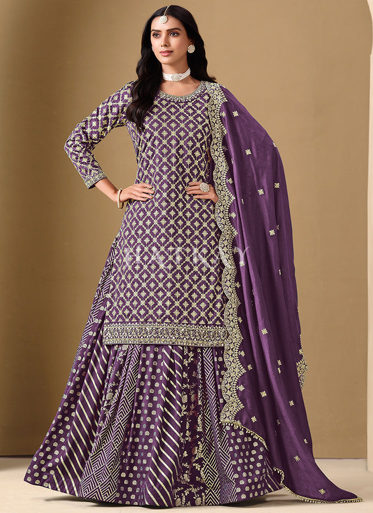 Purple Embroidered Silk Lehenga Kurti