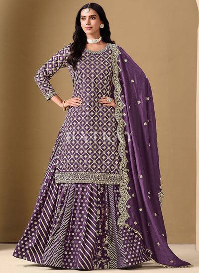 Purple Embroidered Silk Lehenga Kurti