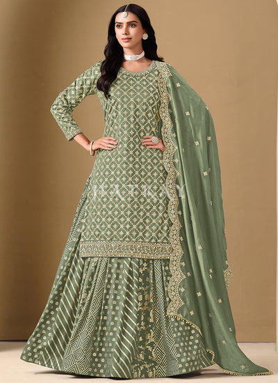 Green Embroidered Silk Lehenga Kurti