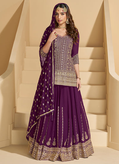 Wine Embroidered Lehenga Kurti