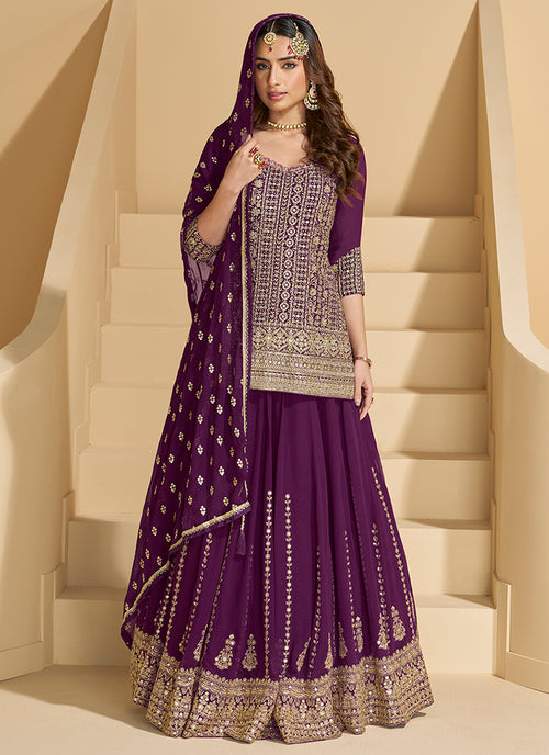 Wine Embroidered Lehenga Kurti
