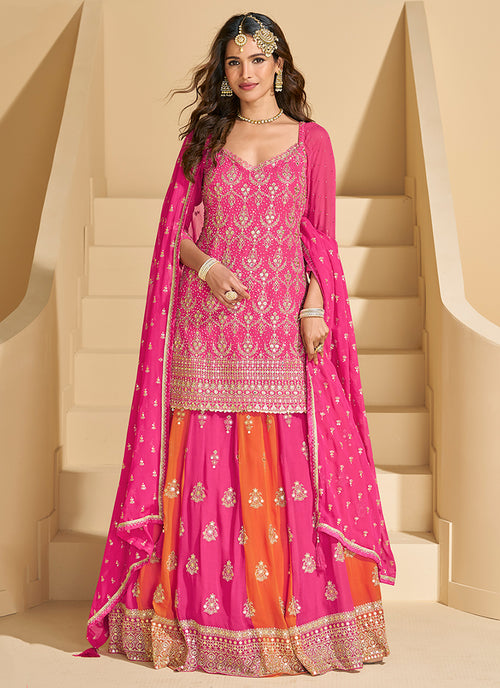 Pink And Orange Embroidered Lehenga Kurti