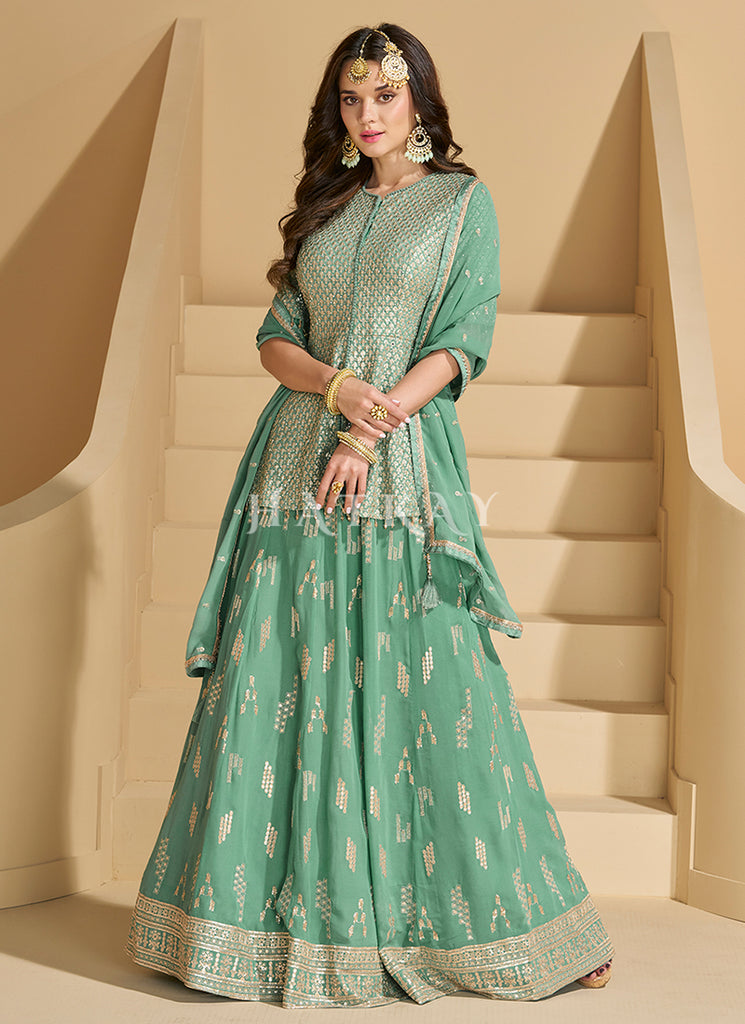 Sea Green Embroidered Lehenga Kurti