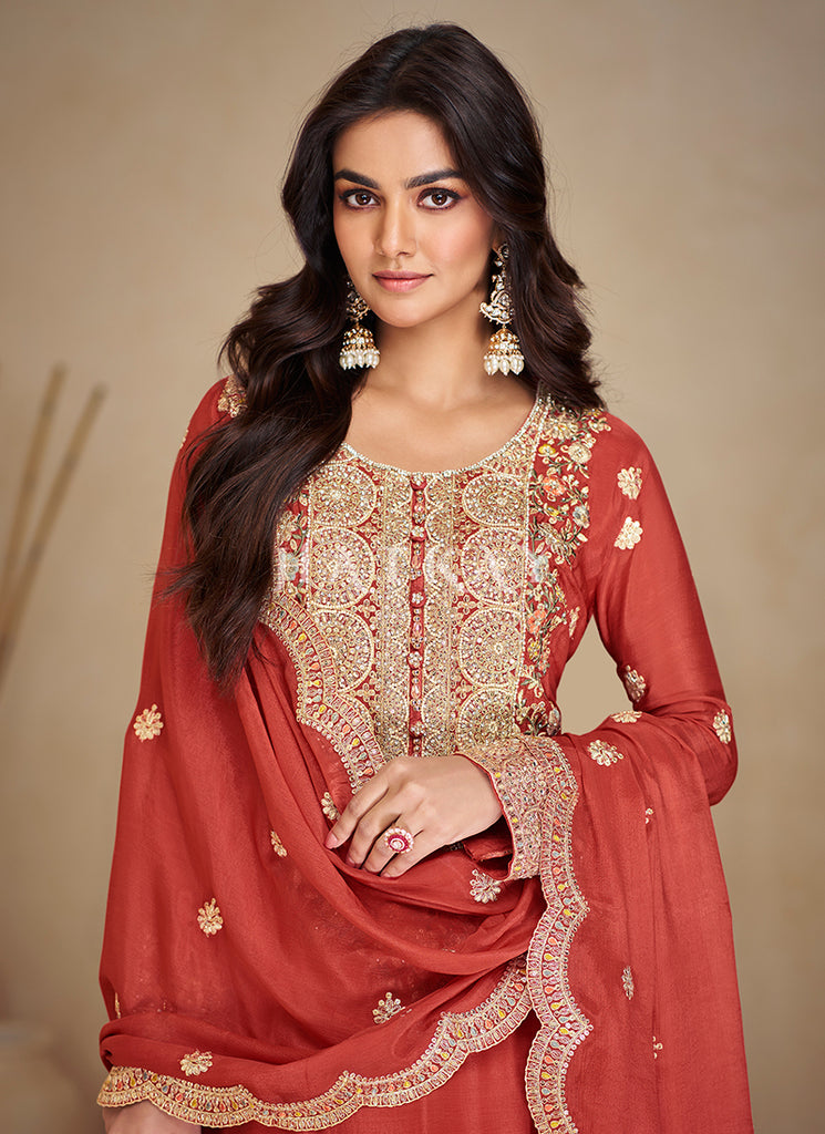 Buy Orangish Red Embroidered Sharara Suit Online | Hatkay Buy Orangish Red Embroidered Sharara Suit Online | Hatkay