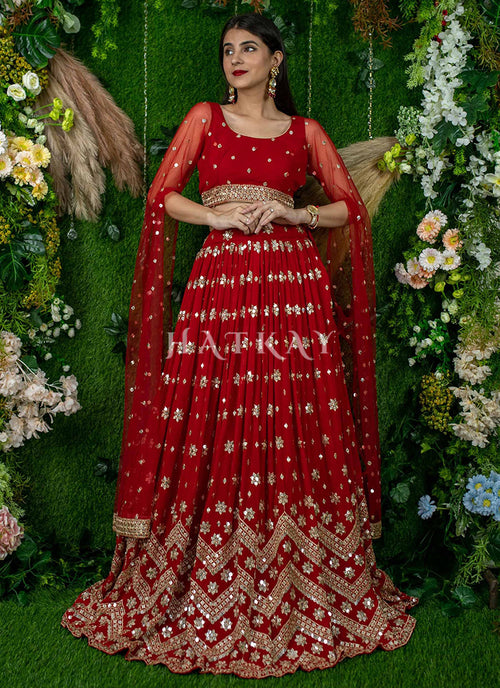 Bridal Red Embroidered Party Wear Lehenga Choli