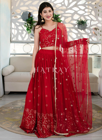 Red Embroidered Party Wear Lehenga Choli