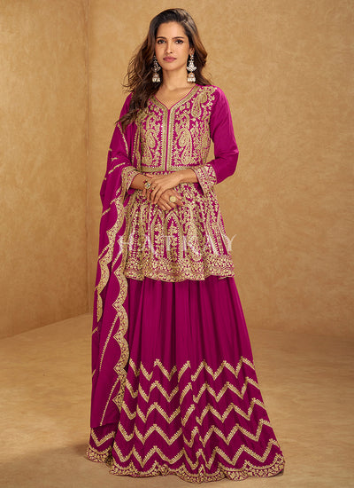 Magenta Mirror Work Lehenga Suit