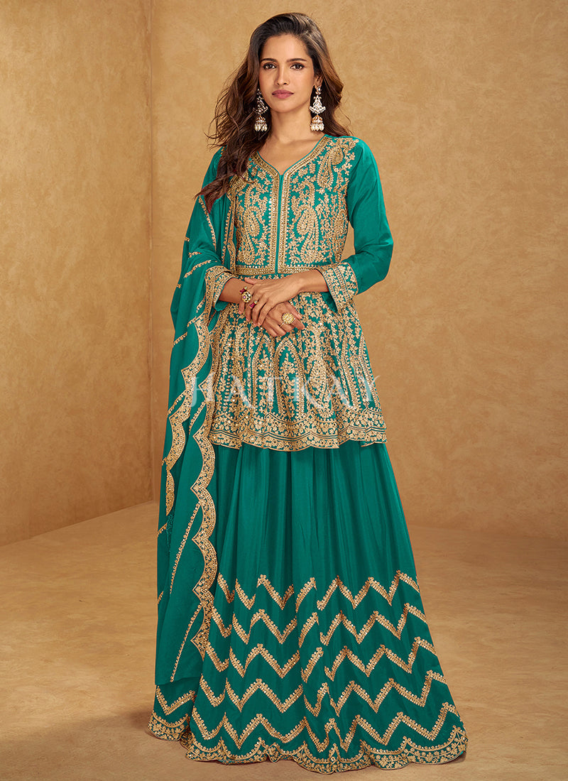 Turquoise Mirror Work Lehenga Suit
