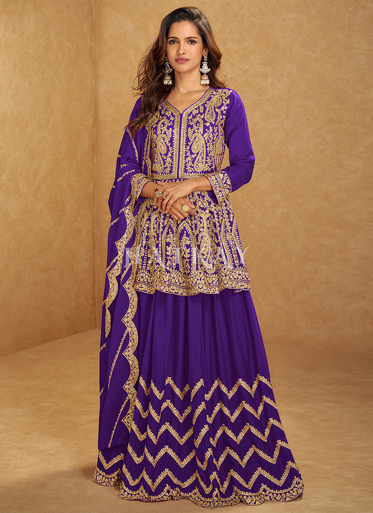 Purple Mirror Work Lehenga Suit