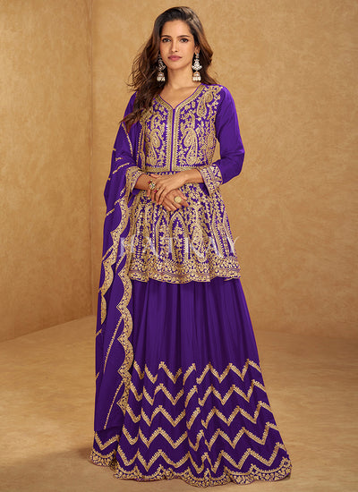 Purple Mirror Work Lehenga Suit