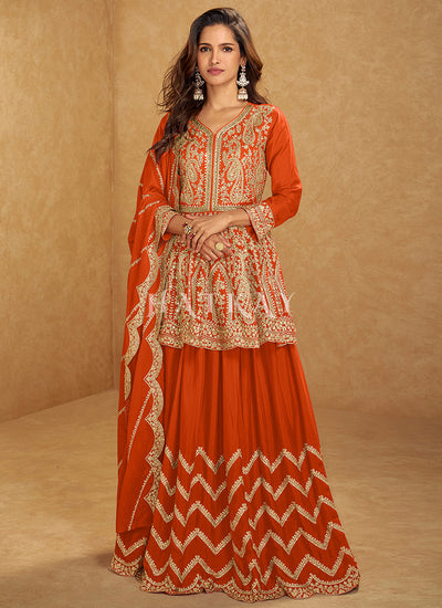 Orange Mirror Work Lehenga Suit