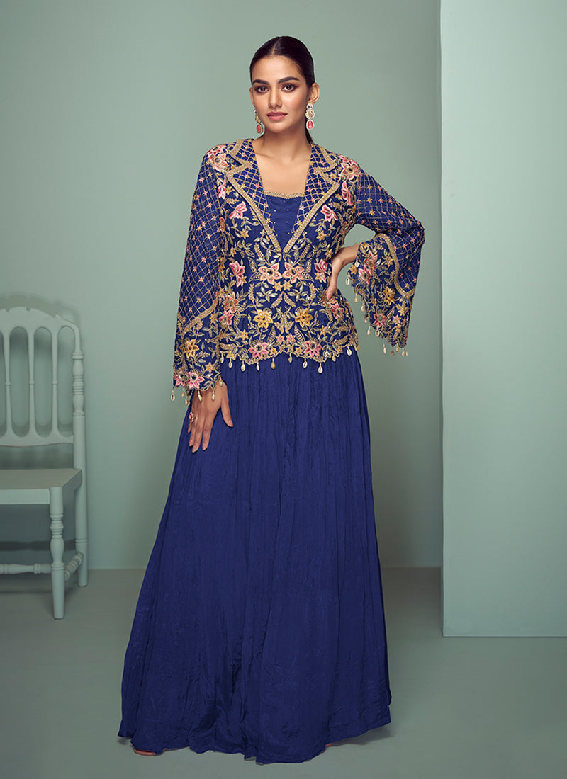 Dark Blue Multi Embroidered Jacket Style Lehenga Suit