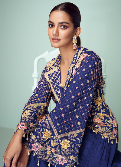 Dark Blue Multi Embroidered Jacket Style Lehenga Suit