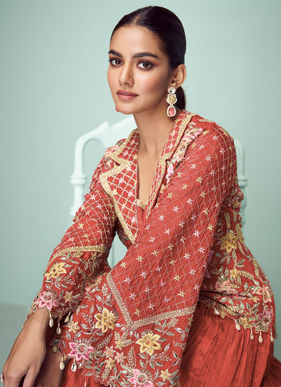 Dark Orange Multi Embroidered Jacket Style Lehenga Suit