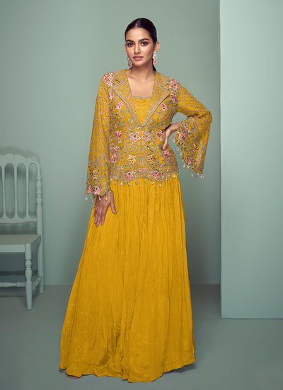 Yellow Multi Embroidered Jacket Style Lehenga Suit