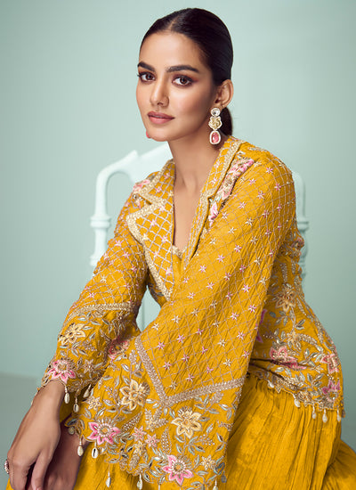 Yellow Multi Embroidered Jacket Style Lehenga Suit